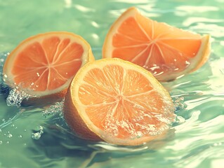 Refreshing citrus splash: vibrant orange slices floating on rippling aquamarine surface