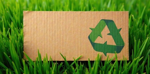 Green grass backdrop with textured cardboard recycling symbol , eco, eco-friendly