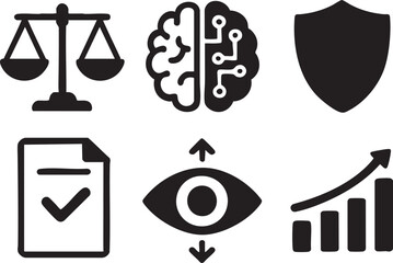 AI law icons set with justice scale shield graph eye and document symbols