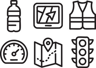 Travel icons set showing navigation safety and road symbols on white background