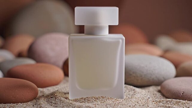 White Rectangular Perfume Bottle on Sand With Organic Stones and Soft Diffused Lighting