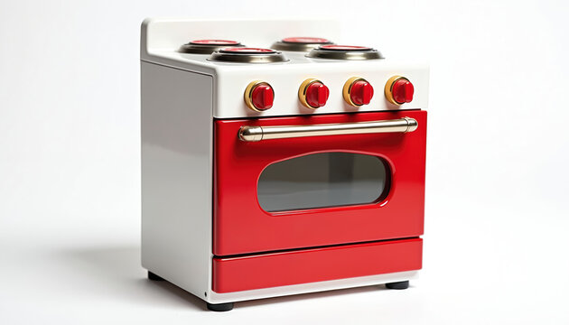 Red and white toy stove with four burners and oven door. Childrens play kitchen appliance with knobs and handle. Isolated object for domestic roleplay fun.