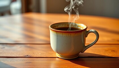 A steaming ceramic coffee cup on a wooden table, comfort, relax