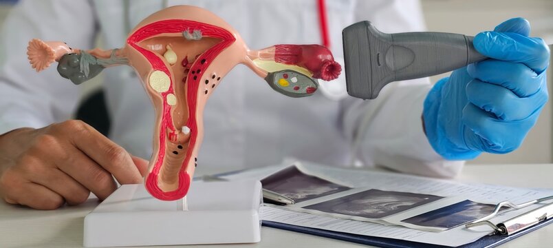Doctor demonstrates ultrasound examination of female reproductive system