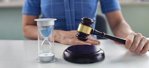 Judge holds gavel while an hourglass signifies time during a courtroom session focused on justice concept