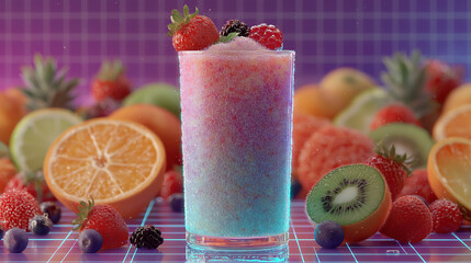 Futuristic floating smoothie with neon holographic ingredients and glowing effects, digital health beverage and modern nutrition concept generated AI