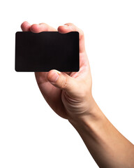 Man hand hold black credit card isolated on white background.