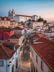 Scenic European Cityscape with Historic Buildings and Red Terracotta Rooftops at Golden Hour