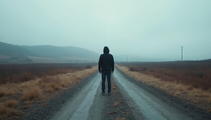 Fototapeta premium Hooded man stands alone on dirt road. Misty hills surround rural path. Looks forward towards future unclear. Feels lost, contemplating next step on journey.