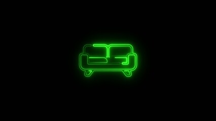 Bright green neon glowing outline of a stylish two cushion sofa with legs on dark backdrop Generate title without using the word "Title:" before it