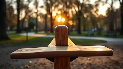 fulcrum. Wooden seesaw in a peaceful park at golden hour, showing perfect equilibrium. event key visuals, club posters, designed for sports event promotions and stadium branding.