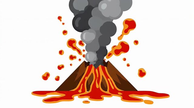 Animated volcano eruption with fiery lava flow and billowing smoke plume on white background