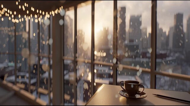 Cozy coffee cup on a table by a window, overlooking a snowy city skyline bathed in warm sunset light with decorative fairy lights.