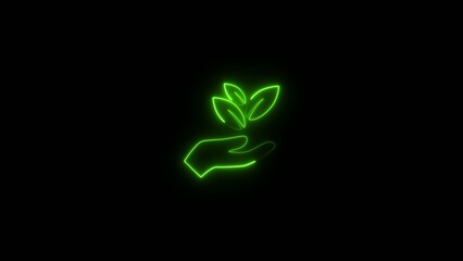 Bright green neon outline of a hand holding three leaves on dark Generate title without using the word 