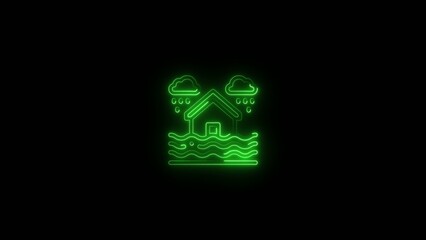 Bright green neon outline of a house surrounded by floodwater and rain clouds on a dark backdrop Generate title without using the word "Title:" before it