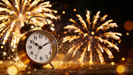 Golden alarm clock showing midnight with fireworks in the background
