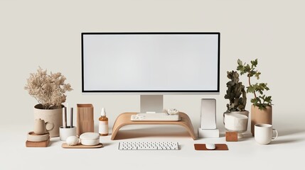 Office setup with computer and various plant decorations on neutral background