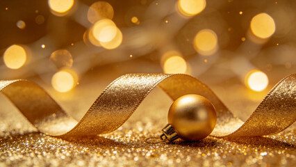 Golden Christmas ornament and ribbon on glittery surface with bokeh lights