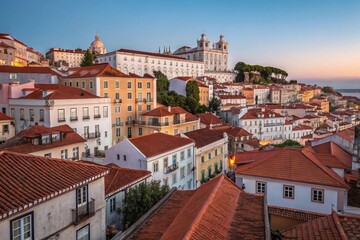 Scenic European Cityscape with Historic Buildings and Red Terracotta Rooftops at Golden Hour