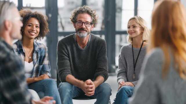 People of different backgrounds participate in an open discussion, fostering connection and understanding. The group setting encourages empathy, trust, and personal growth