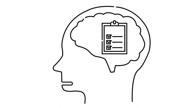 Side view of a head outline showcasing a brain containing a checklist with boxes marked with ticks
