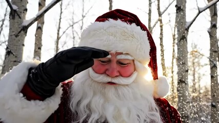 Santa claus shielding his eyes from the sun in a snowy forest with trees