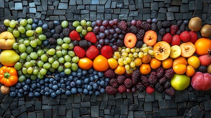 Vibrant Mosaic of Nature's Bounty: A Colorful Fruit Arrangement on Stone Tiles
