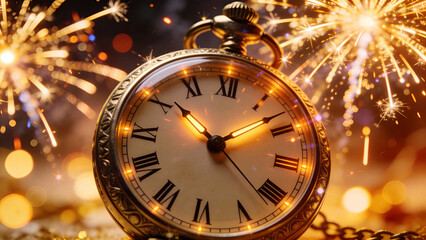 Antique pocket watch with Roman numerals glowing against a backdrop of sparkling fireworks at night.