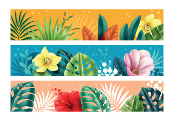 Naklejka premium Tropical plants board pages. Horizontal borders, exotic palm leaves, hibiscus and magnolia flowers. Botanical banners design. Natural paradise foliage. Beach trendy background. Vector set