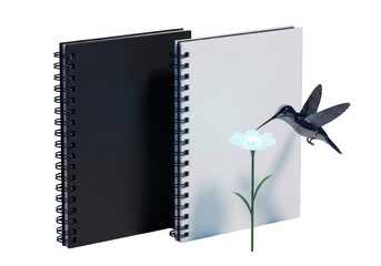Naklejka premium Hummingbird drinking nectar from a glowing flower on an open notebook isolated on transparent background
