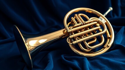 euphonium. Polished brass euphonium on blue velvet with keys reflecting soft studio light. event key visuals, club posters, designed for fitness apps and gym onboarding, used by fitness trainers.