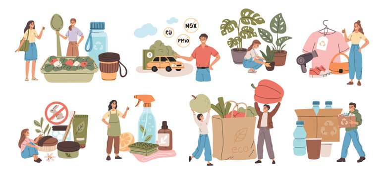 People choosing waste free products. Reusable packaging, electric transport, environment care, conscious consumption, eco friendly life, cartoon flat style isolated garish vector set