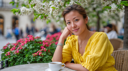 Sunshine and smiles at a cozy cafe with blooming trees and delightful coffee moments