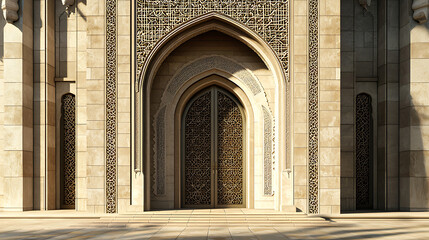 Fototapeta premium A grand arched entrance carved in warm stone, detailed with intricate geometric patterns. Sunlight highlights texture and depth, framing a dark ornate door within layered arches
