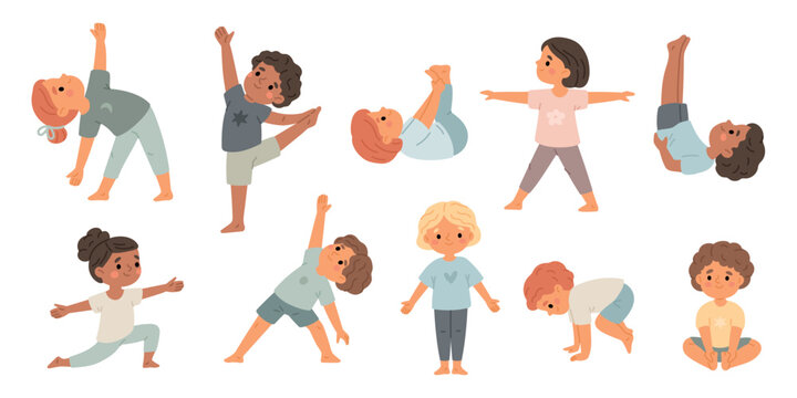 Children practice yoga. Funny kids in different poses, cute boys and girls making gymnastics exercises, healthy lifestyle, cartoon flat isolated garish vector balance and wellness set