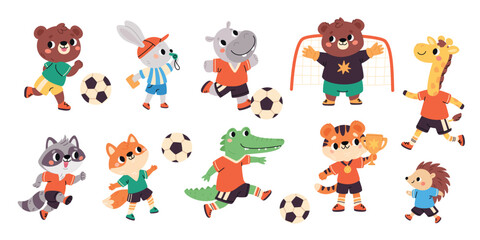 Animals soccer players. Cartoon funny fauna characters wearing sports uniform kick ball, football game, cute athletes on championship, bear goalkeeper or crocodile forward garish vector set
