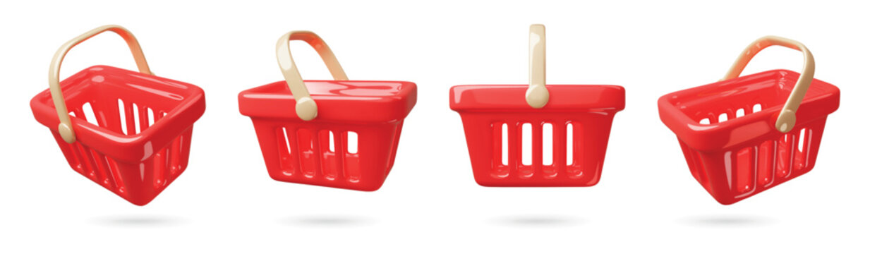 Cartoon 3d shopping cart. Red supermarket plastic baskets with handles, grocery delivery, empty buckets in different angles, box container for shop, render glossy isolated classy vector set