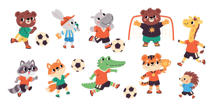 Animals soccer players. Cartoon funny fauna characters wearing sports uniform kick ball, football game, cute athletes on championship, bear goalkeeper or crocodile forward garish vector set