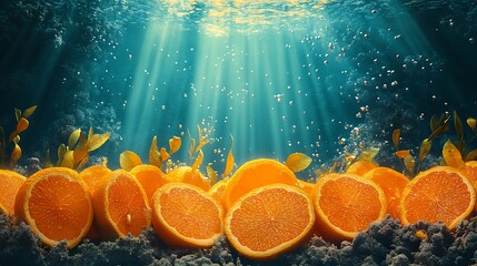 Underwater orange grove dreamscape with sunlit citrus slices and ethereal ocean ambiance