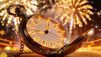 Golden pocket watch with Roman numerals glowing against a festive fireworks background