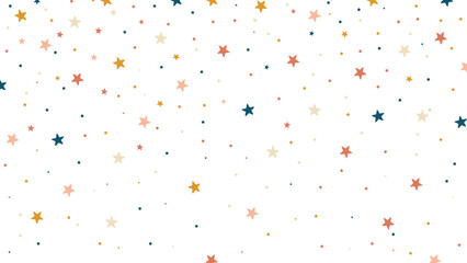 Colorful stars and dots scattered on a black background. Festive seamless pattern ideal for celebrations, kids design, party decorations, wrapping paper or digital backgrounds.