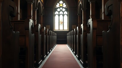 Fototapeta premium phonology. Ancient wooden church pews in rows, light from stained glass window. event programs, museum guides, designed for cultural heritage projects and event programs.