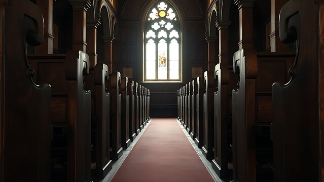 phonology. Ancient wooden church pews in rows, light from stained glass window. event programs, museum guides, designed for cultural heritage projects and event programs.