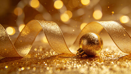 Golden Christmas ornament and ribbon on glittery surface with bokeh lights