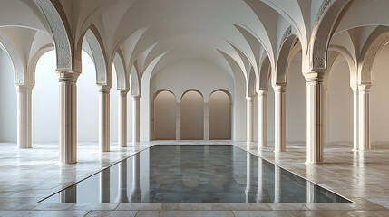 Obraz premium A serene expansive hall with graceful arches and columns. Sunlight streams through openings, casting long shadows on the polished floor, which mirrors the architecture’s elegant symmetry