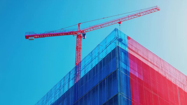 A large red crane stands over a partially constructed blue building. The structure is surrounded by scaffolding, set against a bright, clear sky, indicating an active construction site.