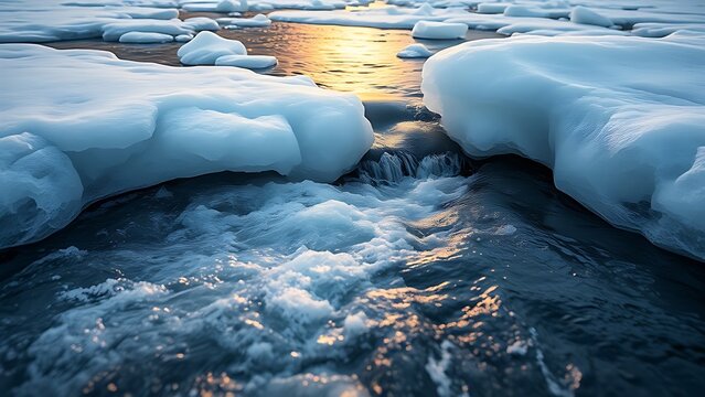 verglas. Landscape of a melting river breaking through ice in morning light. travel magazines, destination branding, designed for outdoor magazines and nature guides, drives exploration.