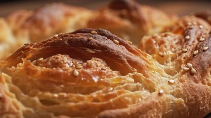 A captivating closeup shot reveals the intricate layers and goldenbrown perfection of a freshly baked artisanal pastry or bread generously adorned with toasted sesame seeds emphasizing its inviting t.