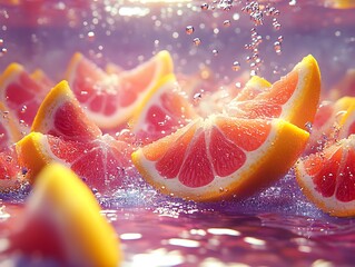 Captivating grapefruit segments submerged in vibrant water creating a refreshing visual
