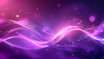 Abstract purple flowing waves with bokeh lights and glittering particles